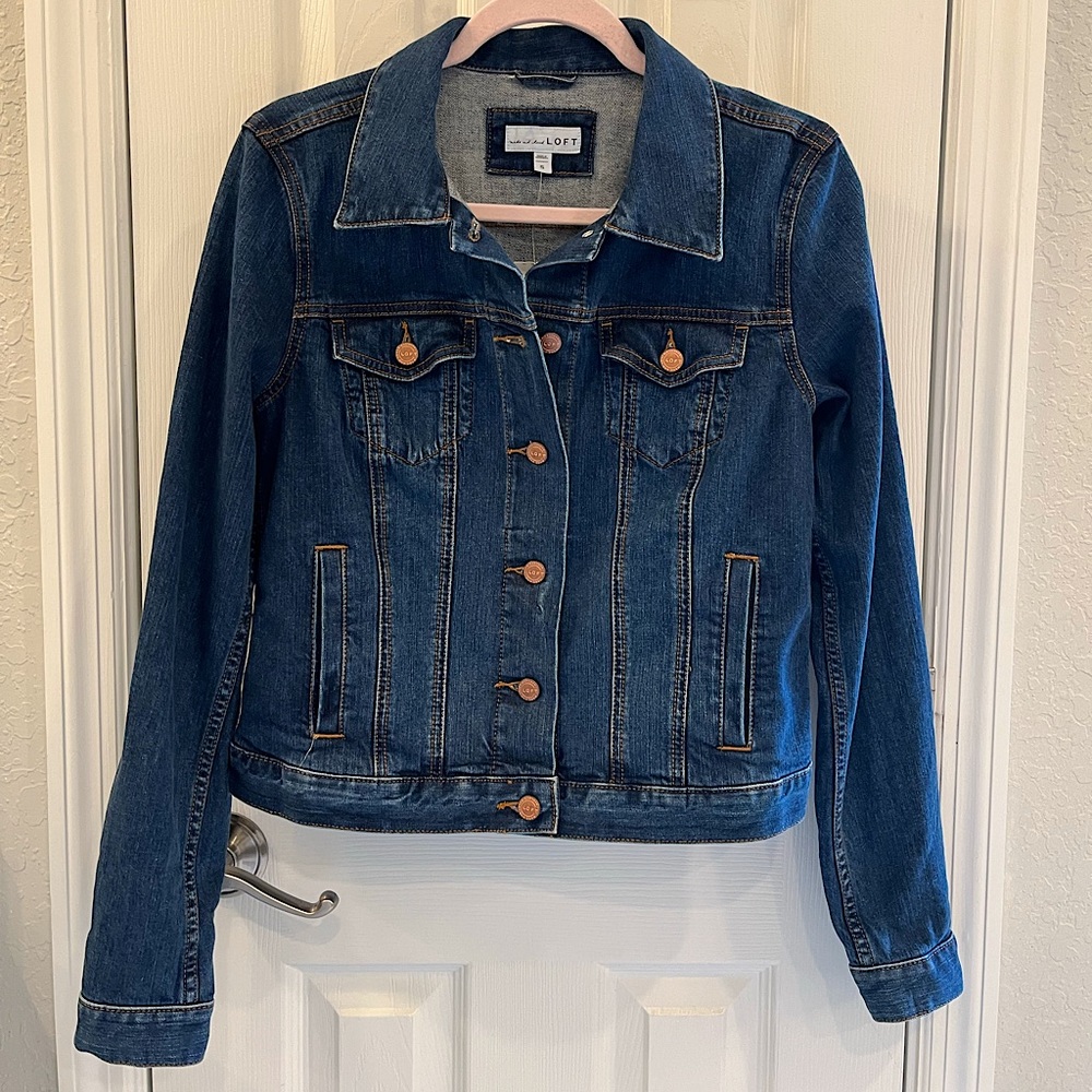 Loft Jean Jacket  S with Copper Buttons and Fitted Seaming 2% Spandex for fit.